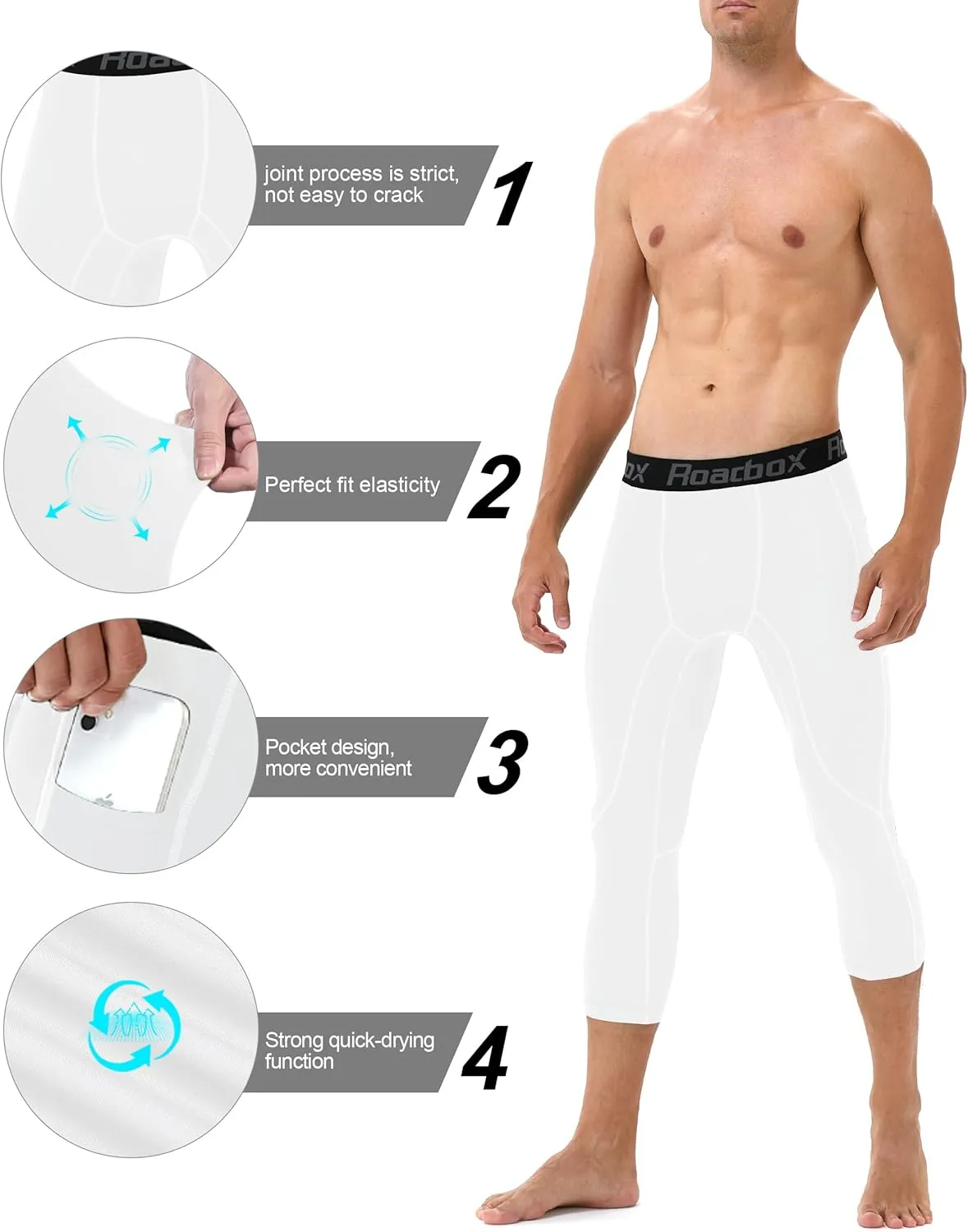 Roadbox Mens 3/4 Compression Pants with Pockets, 1/2 Pack Athletic Running Legging Tights, Workout Basketball Gym Base Layer