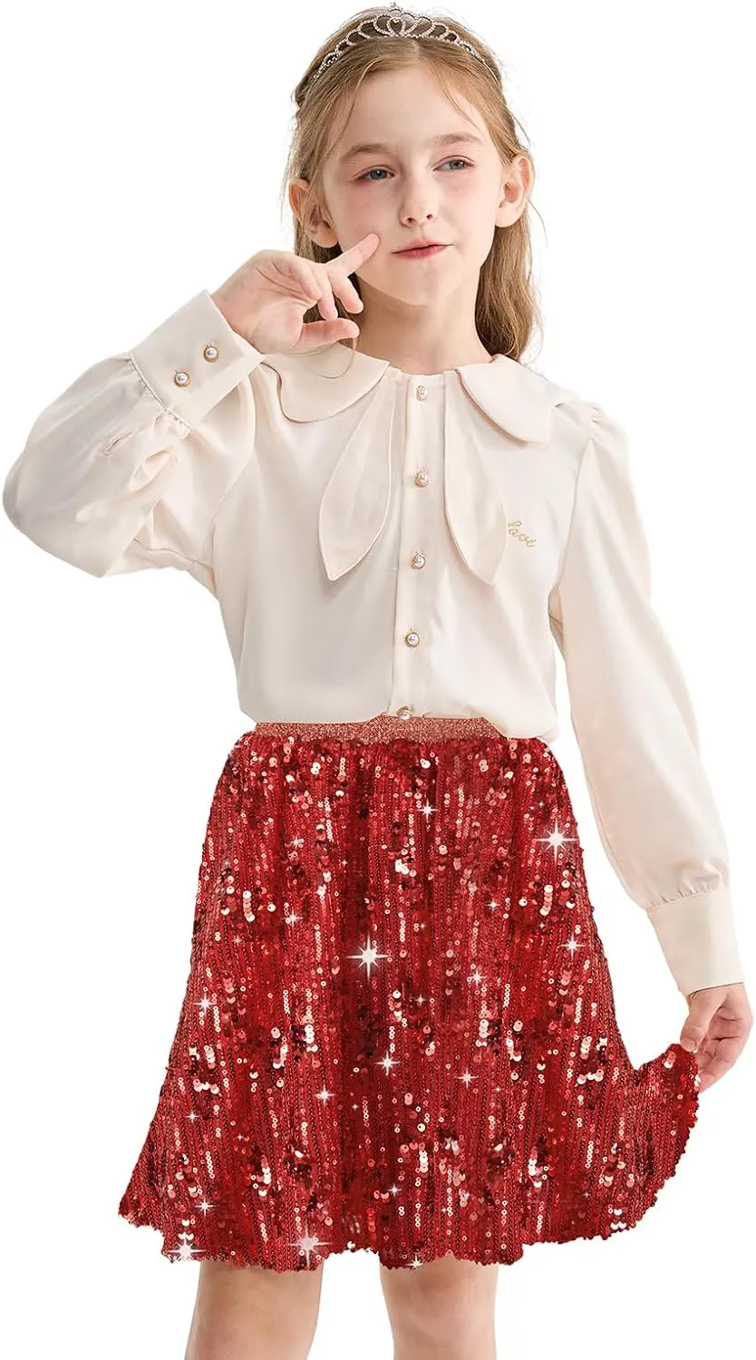 Rolanko Girls Sequin Skirt Elastic Waist Glitter Sparkly Skort with Lining Twirling Shiny Skirts for Kids Dance Party 5-12Y