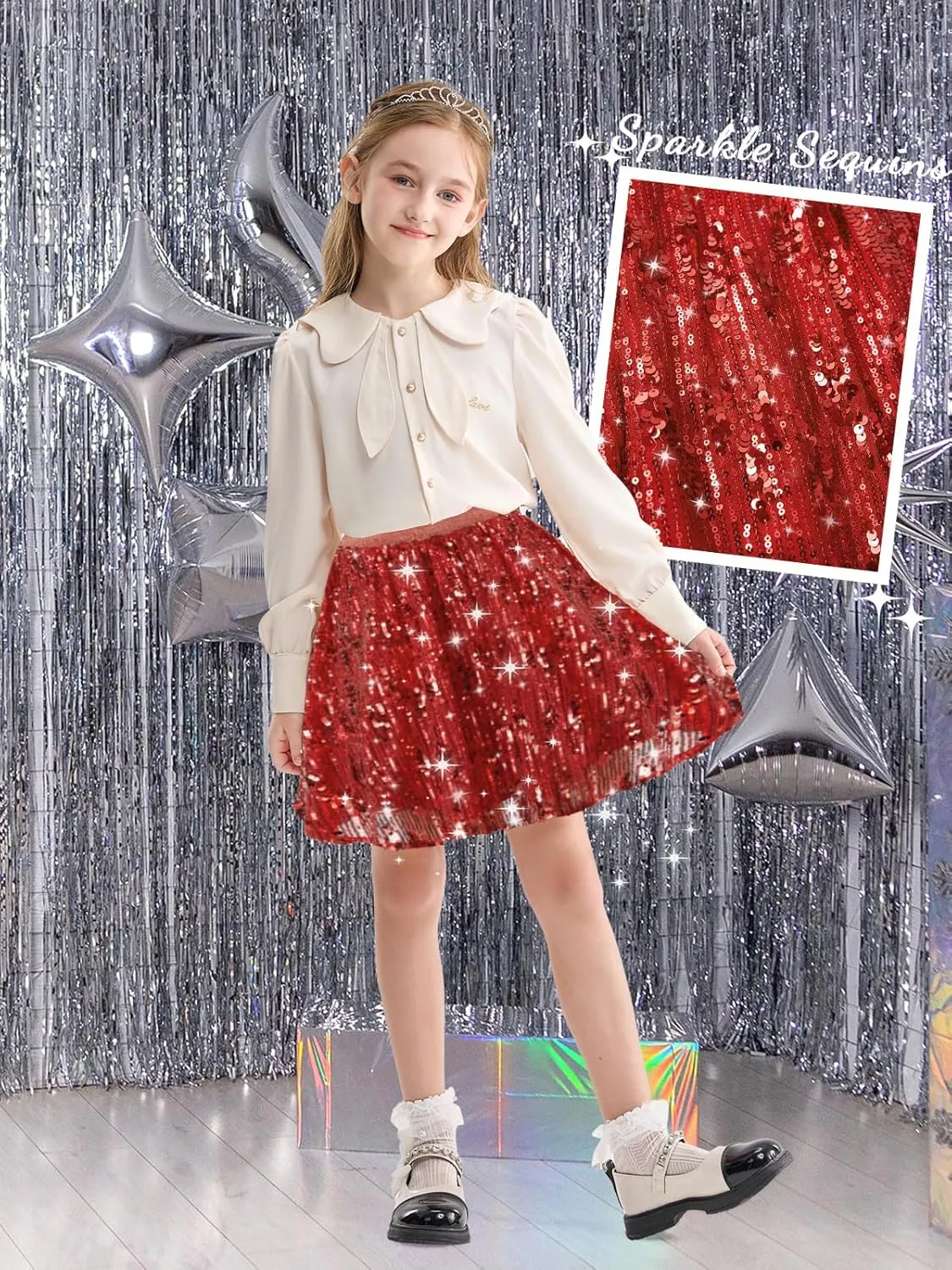 Rolanko Girls Sequin Skirt Elastic Waist Glitter Sparkly Skort with Lining Twirling Shiny Skirts for Kids Dance Party 5-12Y