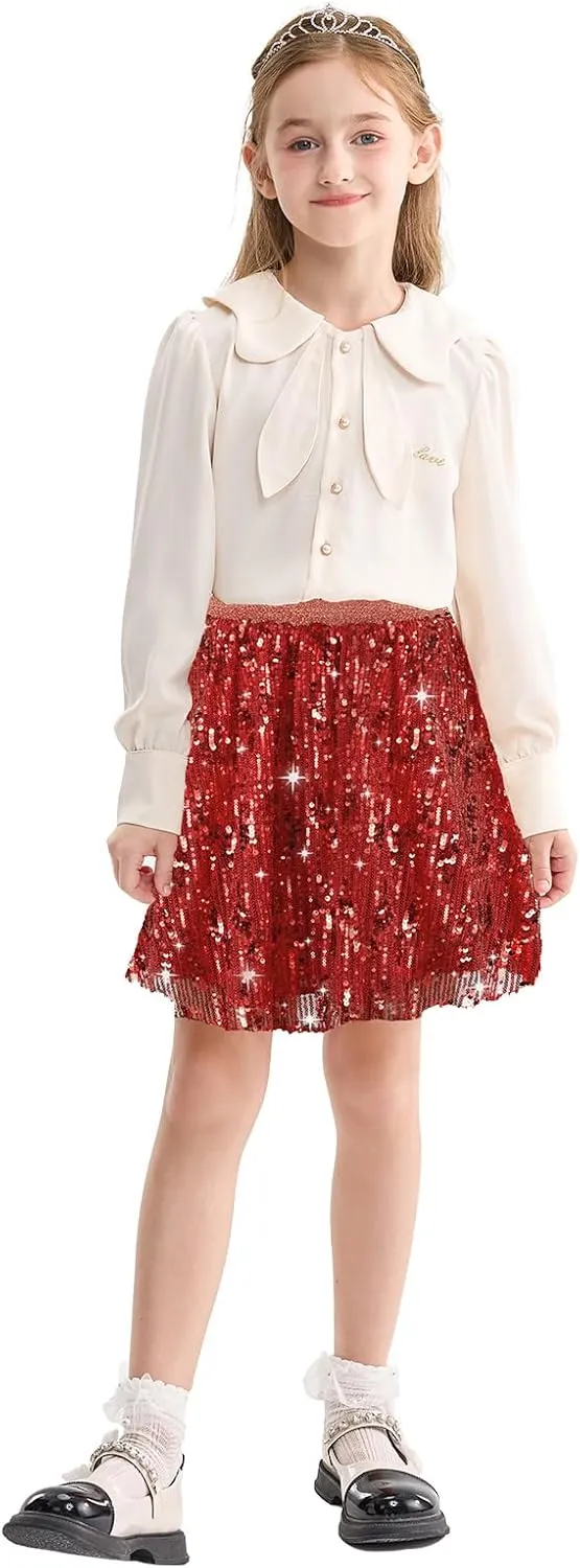 Rolanko Girls Sequin Skirt Elastic Waist Glitter Sparkly Skort with Lining Twirling Shiny Skirts for Kids Dance Party 5-12Y