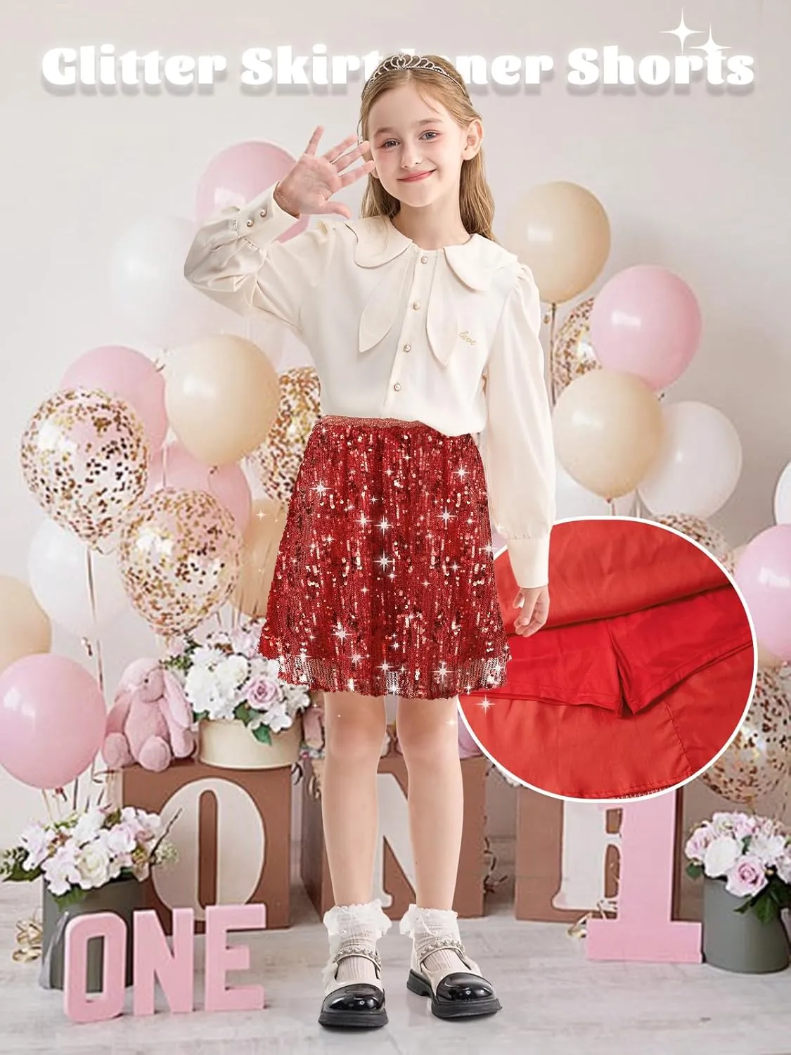 Rolanko Girls Sequin Skirt Elastic Waist Glitter Sparkly Skort with Lining Twirling Shiny Skirts for Kids Dance Party 5-12Y