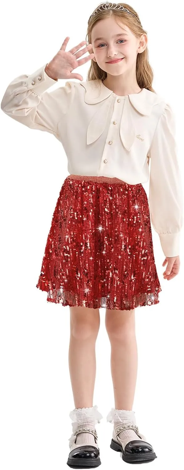 Rolanko Girls Sequin Skirt Elastic Waist Glitter Sparkly Skort with Lining Twirling Shiny Skirts for Kids Dance Party 5-12Y