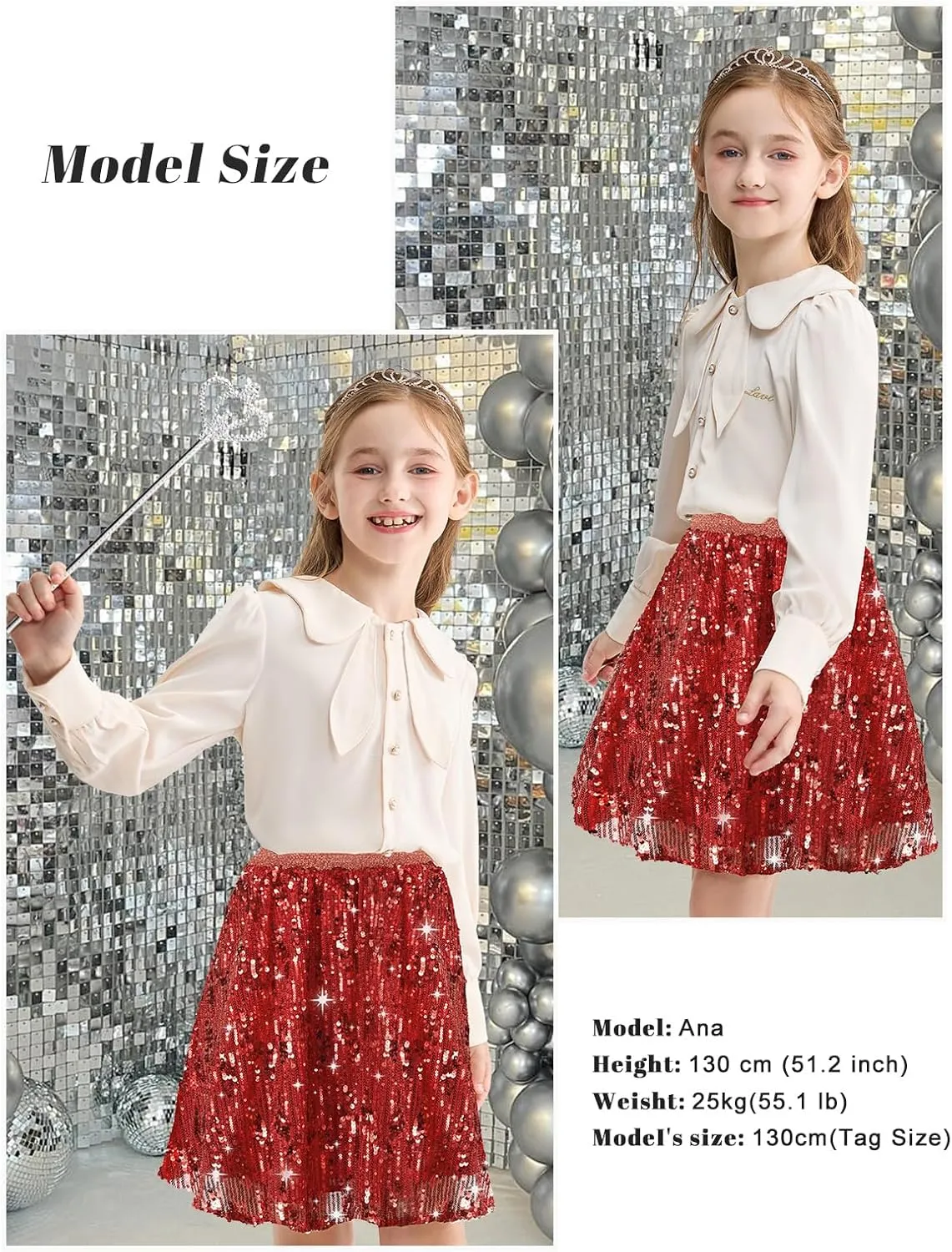 Rolanko Girls Sequin Skirt Elastic Waist Glitter Sparkly Skort with Lining Twirling Shiny Skirts for Kids Dance Party 5-12Y