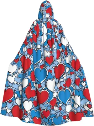 Romantic Reds Heart Print Halloween Hooded Cloak Hooded Cape Adult Halloween Costume Cosplay Witch Cloak with Extra Comfort Black