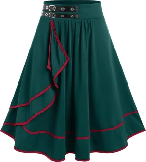 Rosegal Women's Plus Size Gothic Mini Skirt Contrast Tape Buckled Midi High Waist Elastic A-Line Skirt