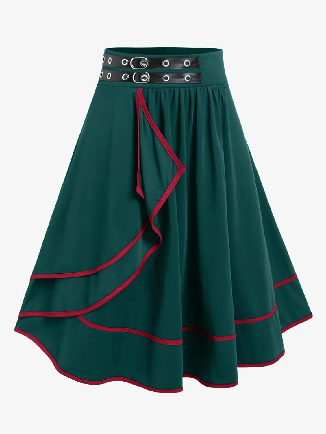 Rosegal Women's Plus Size Gothic Mini Skirt Contrast Tape Buckled Midi High Waist Elastic A-Line Skirt