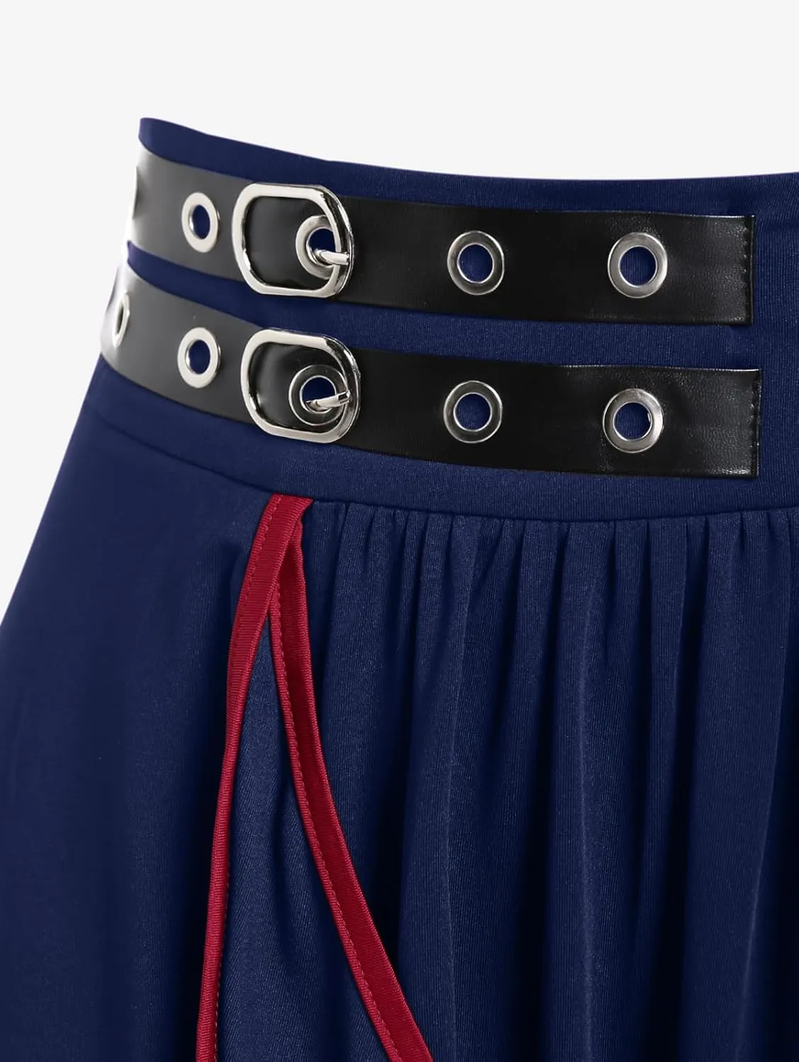 Rosegal Women's Plus Size Gothic Mini Skirt Contrast Tape Buckled Midi High Waist Elastic A-Line Skirt