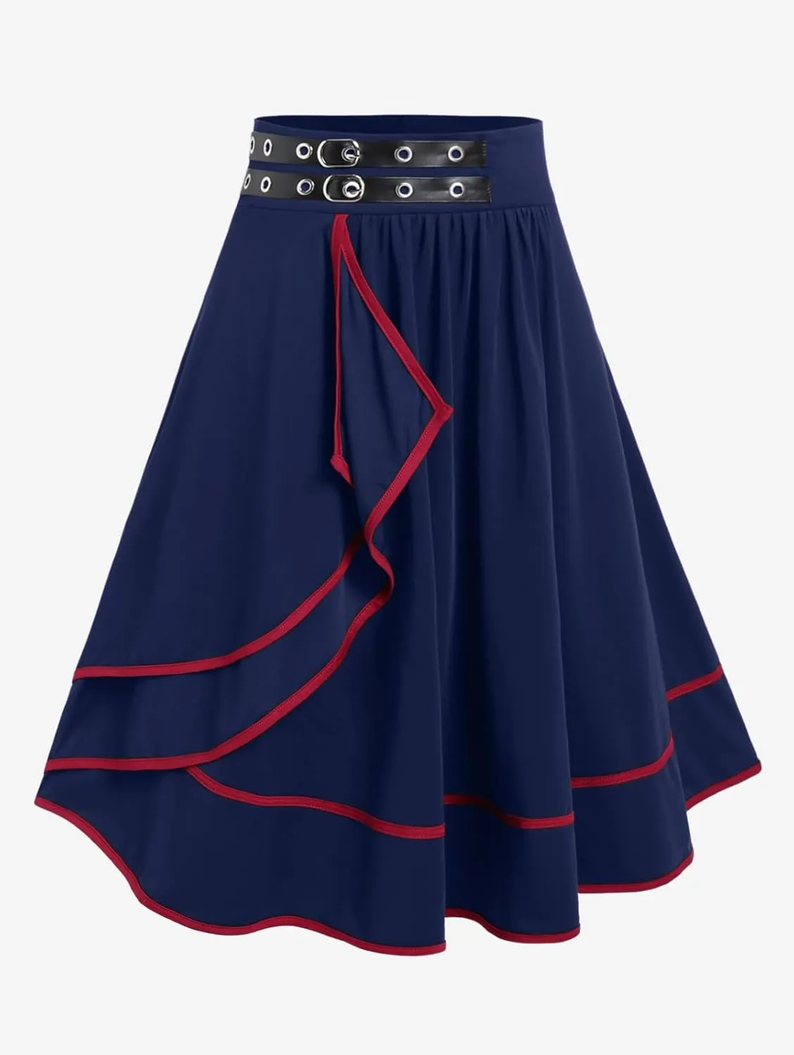 Rosegal Women's Plus Size Gothic Mini Skirt Contrast Tape Buckled Midi High Waist Elastic A-Line Skirt