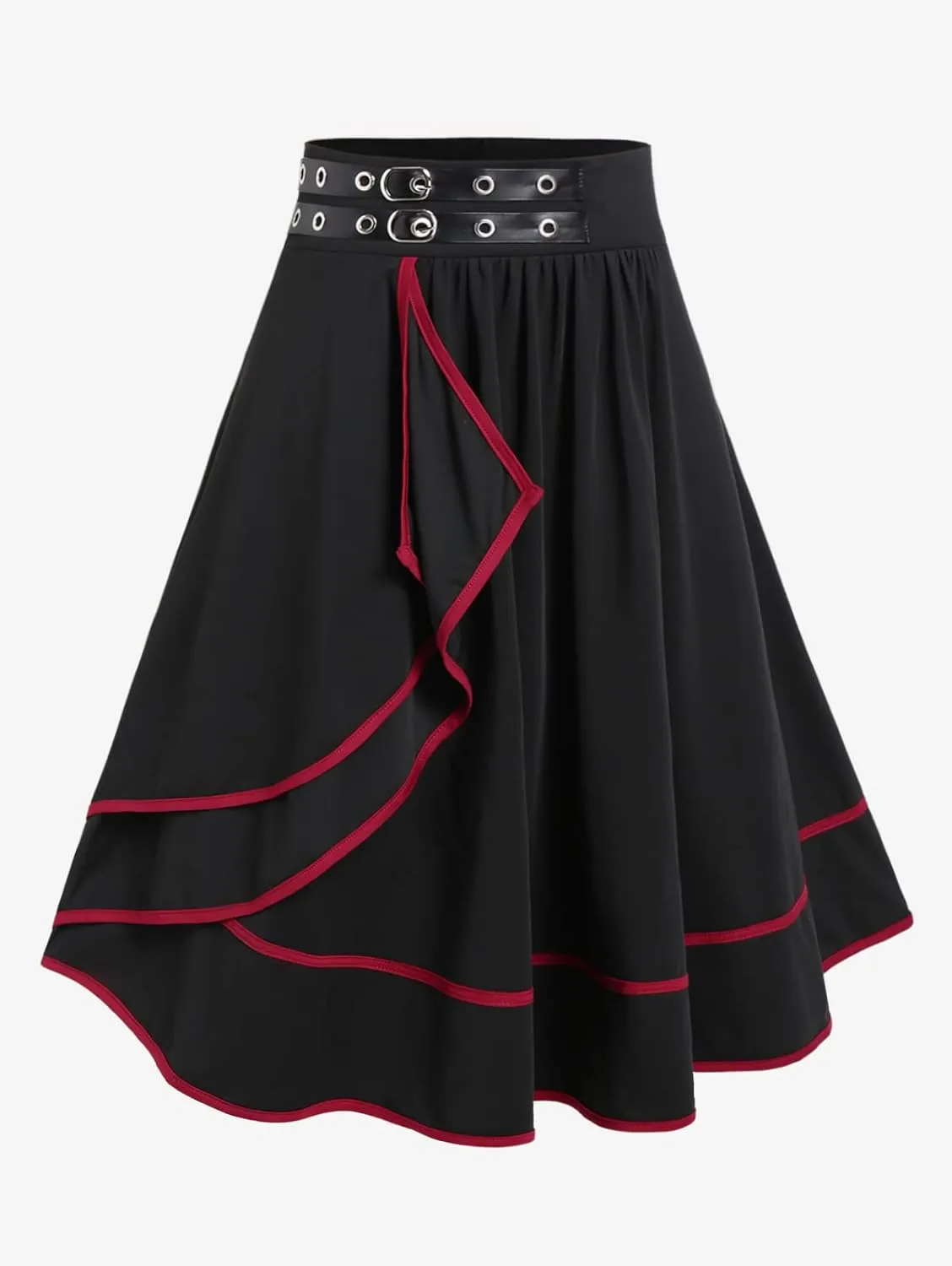 Rosegal Women's Plus Size Gothic Mini Skirt Contrast Tape Buckled Midi High Waist Elastic A-Line Skirt