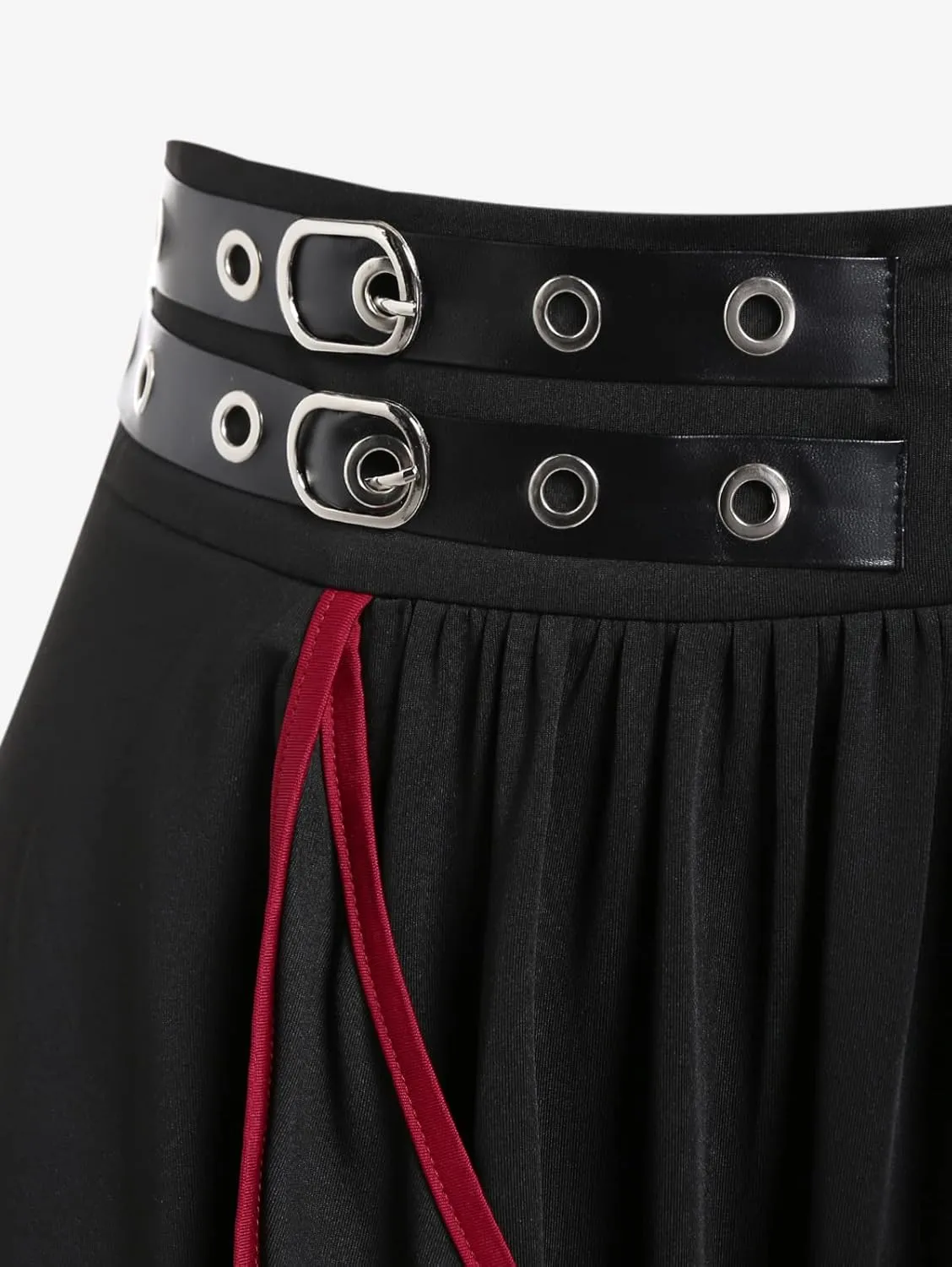Rosegal Women's Plus Size Gothic Mini Skirt Contrast Tape Buckled Midi High Waist Elastic A-Line Skirt