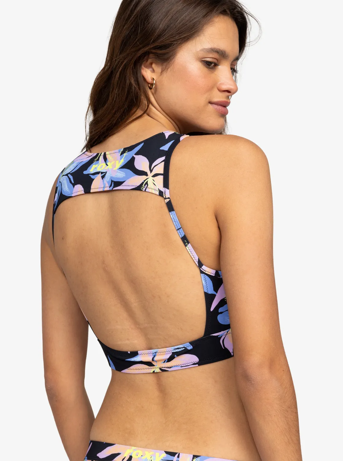 Roxy Active Printed Crop Top Bikini Top - Anthracite Kiss