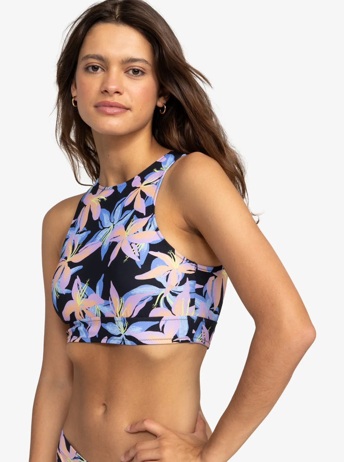 Roxy Active Printed Crop Top Bikini Top - Anthracite Kiss