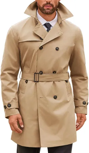 Runcati Mens Double Breasted Trench Coat Notched Lapel Windbreaker Jackets Causal Overcoat With Belt