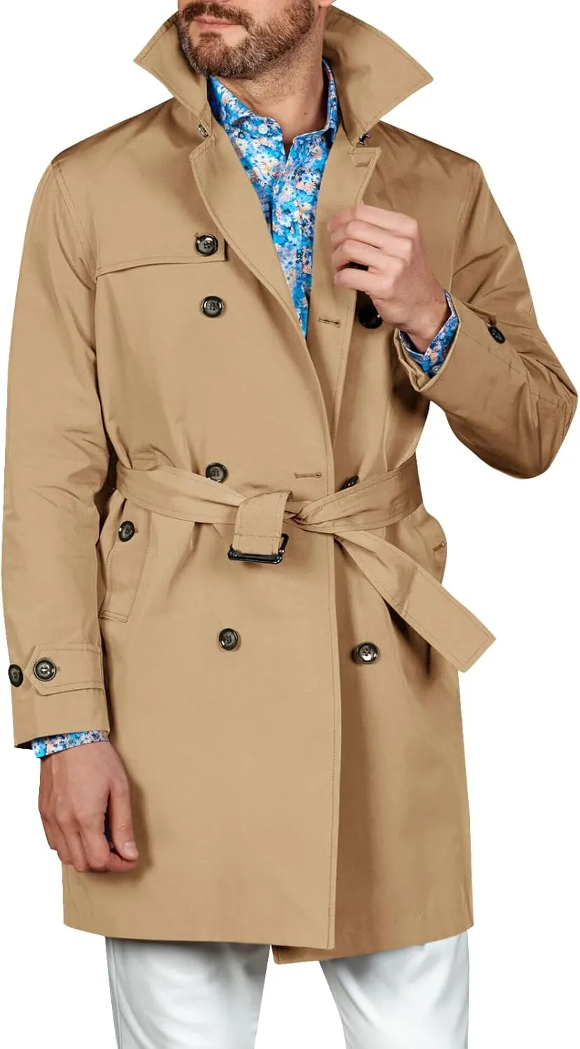 Runcati Mens Double Breasted Trench Coat Notched Lapel Windbreaker Jackets Causal Overcoat With Belt