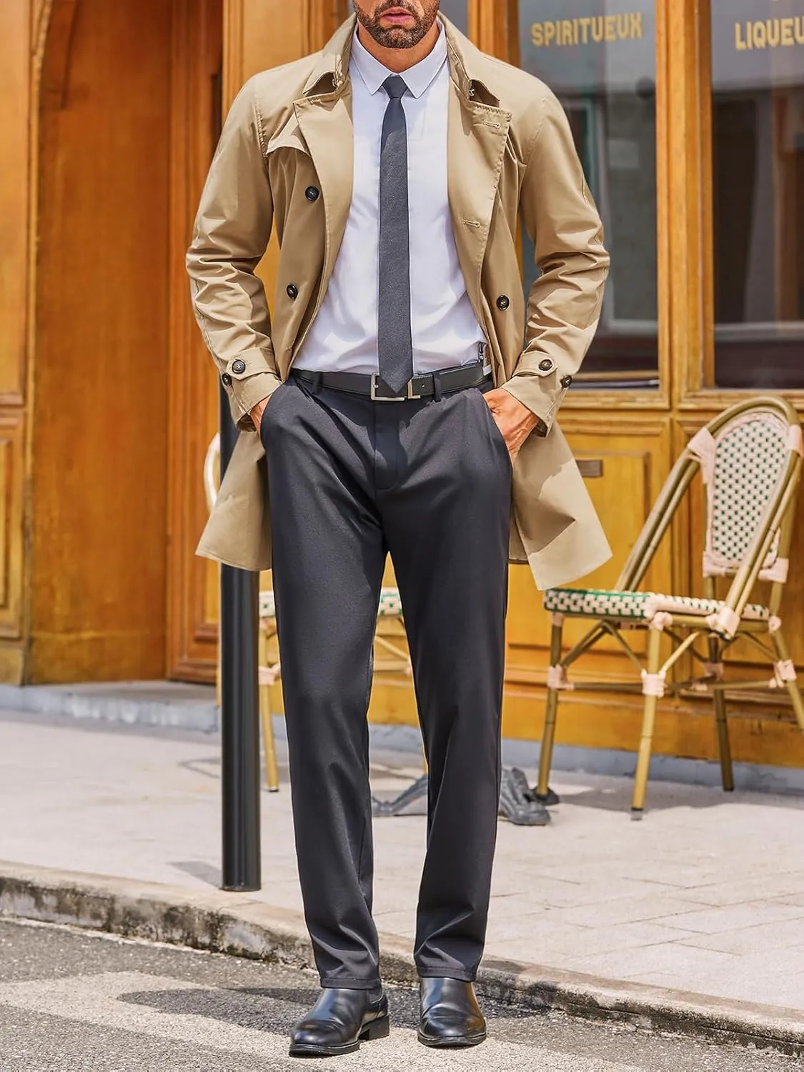 Runcati Mens Double Breasted Trench Coat Notched Lapel Windbreaker Jackets Causal Overcoat With Belt