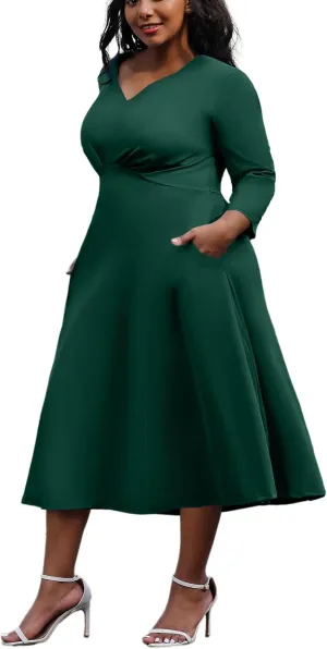 Runwind Plus Size Dresses Women Fit and Flare A-Line Swing Dress 3/4 Sleeve Cocktail A Line Casual Dress with Pockets