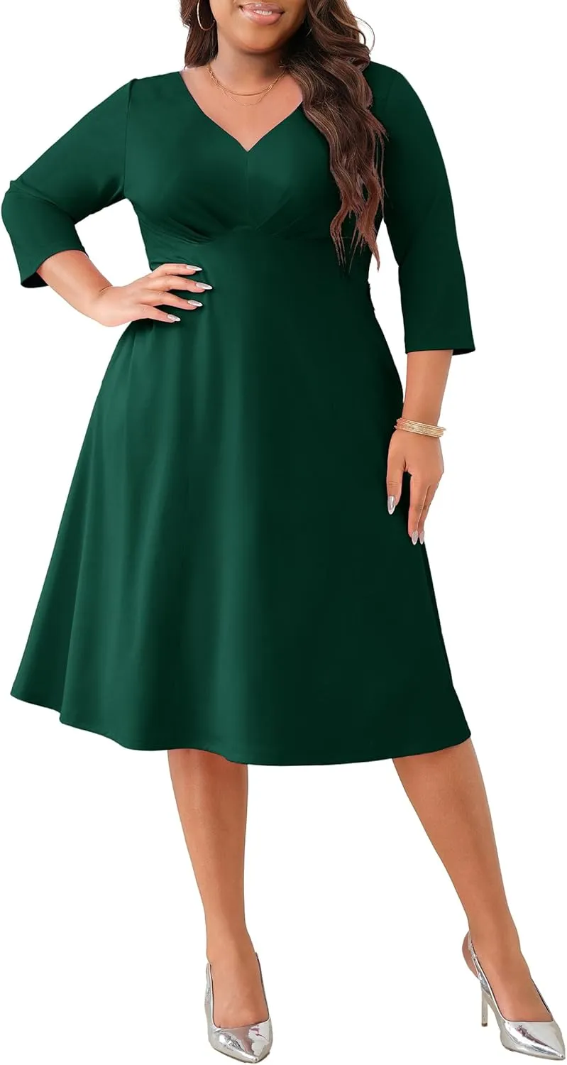 Runwind Plus Size Dresses Women Fit and Flare A-Line Swing Dress 3/4 Sleeve Cocktail A Line Casual Dress with Pockets