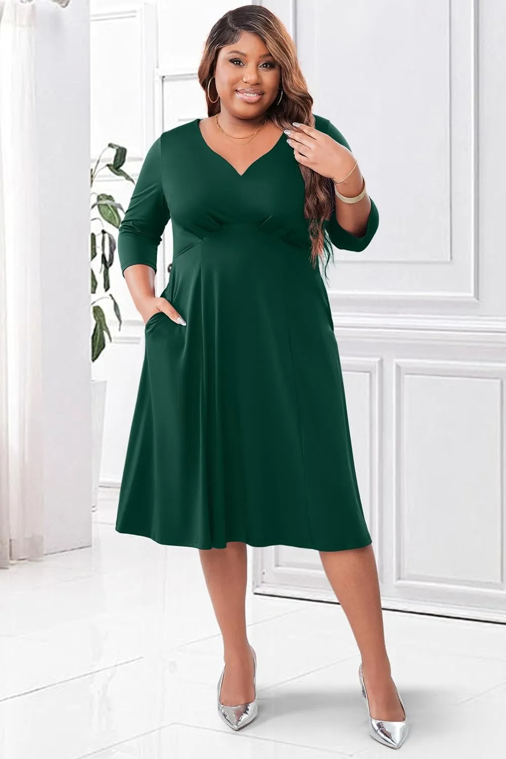 Runwind Plus Size Dresses Women Fit and Flare A-Line Swing Dress 3/4 Sleeve Cocktail A Line Casual Dress with Pockets