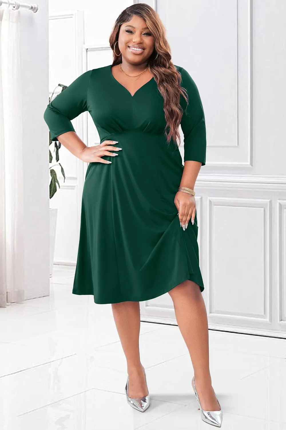 Runwind Plus Size Dresses Women Fit and Flare A-Line Swing Dress 3/4 Sleeve Cocktail A Line Casual Dress with Pockets