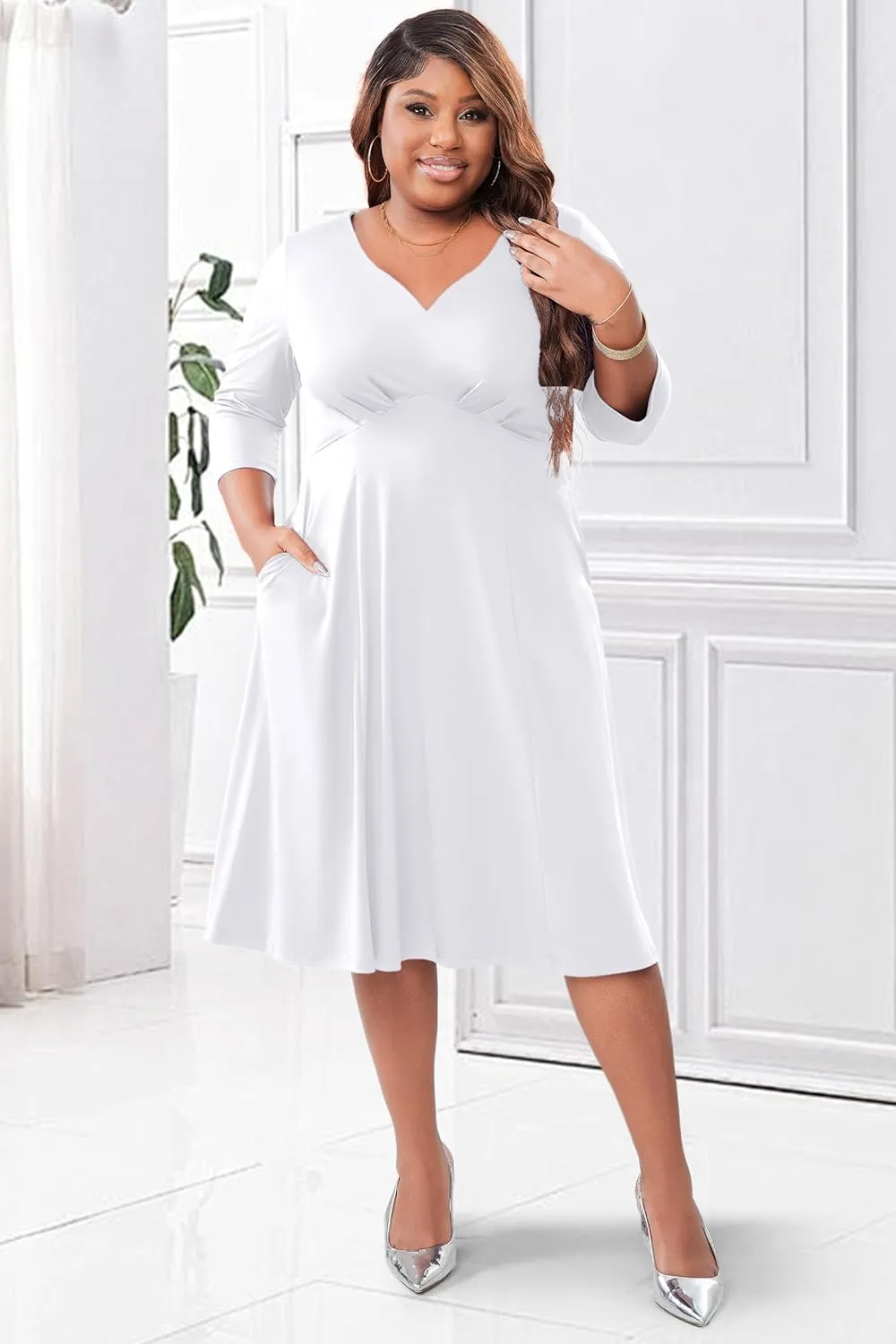Runwind Plus Size Dresses Women Fit and Flare A-Line Swing Dress 3/4 Sleeve Cocktail A Line Casual Dress with Pockets