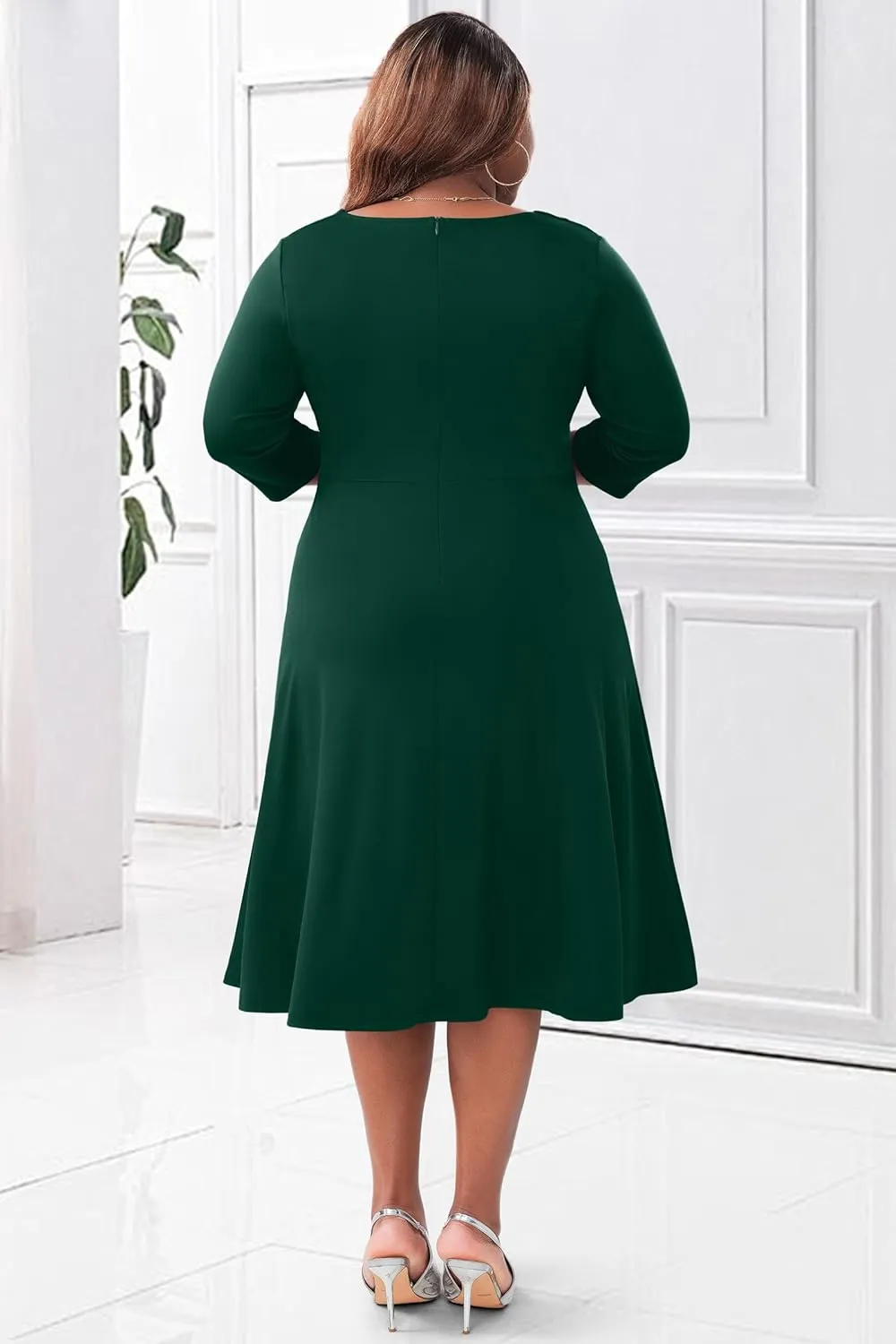 Runwind Plus Size Dresses Women Fit and Flare A-Line Swing Dress 3/4 Sleeve Cocktail A Line Casual Dress with Pockets