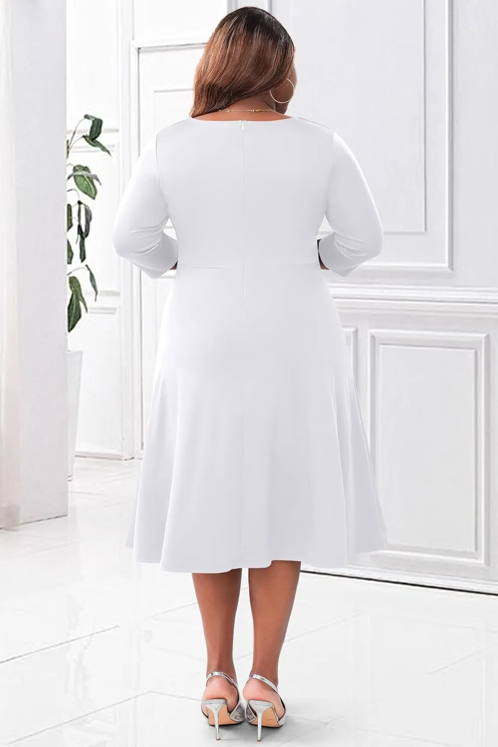 Runwind Plus Size Dresses Women Fit and Flare A-Line Swing Dress 3/4 Sleeve Cocktail A Line Casual Dress with Pockets