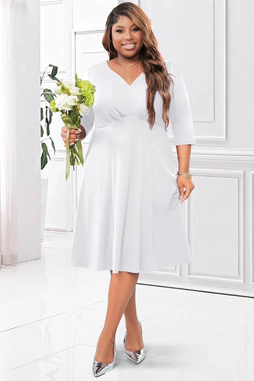 Runwind Plus Size Dresses Women Fit and Flare A-Line Swing Dress 3/4 Sleeve Cocktail A Line Casual Dress with Pockets