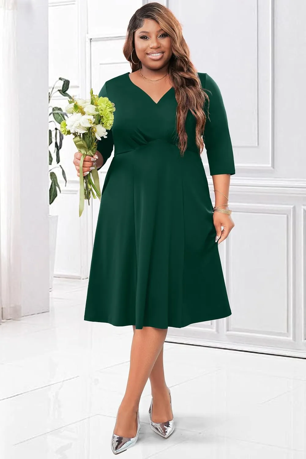 Runwind Plus Size Dresses Women Fit and Flare A-Line Swing Dress 3/4 Sleeve Cocktail A Line Casual Dress with Pockets