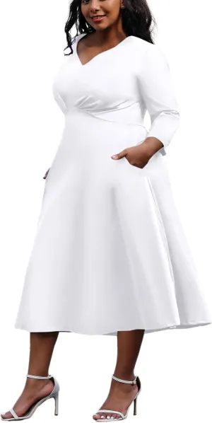Runwind Plus Size Dresses Women Fit and Flare A-Line Swing Dress 3/4 Sleeve Cocktail A Line Casual Dress with Pockets
