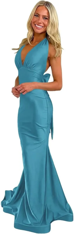 Seabianyed Halter Mermaid Satin Prom Dresses with Bow 2025 Long V Neck Backless Formal Evening Gowns