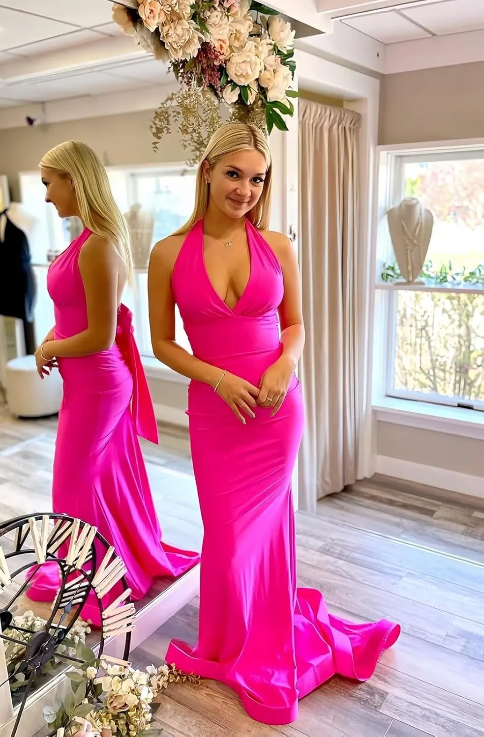 Seabianyed Halter Mermaid Satin Prom Dresses with Bow 2025 Long V Neck Backless Formal Evening Gowns