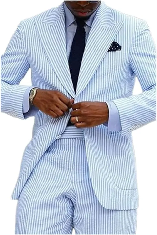 Seersucker Striped Men Suits Summer Blazer Pants Tuxedo 2Pcs Mens Wedding Grooms