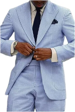 Seersucker Striped Men Suits Summer Blazer Pants Tuxedo 2Pcs Mens Wedding Grooms