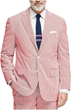 Seersucker Striped Men Suits Summer Blazer Pants Tuxedo 2Pcs Mens Wedding Grooms