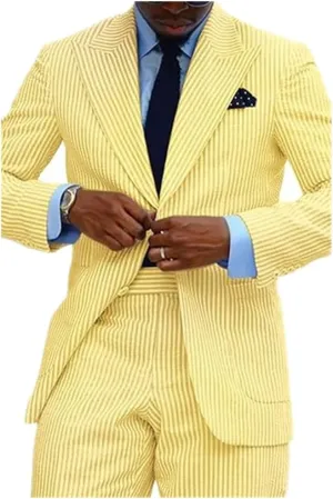 Seersucker Striped Men Suits Summer Blazer Pants Tuxedo 2Pcs Mens Wedding Grooms