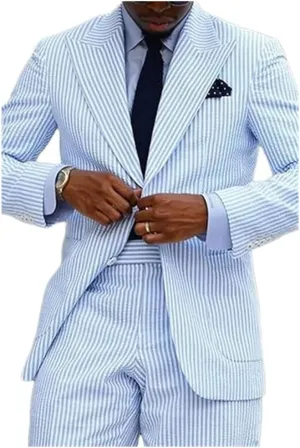 Seersucker Striped Men Suits Summer Blazer Pants Tuxedo 2Pcs Mens Wedding Grooms