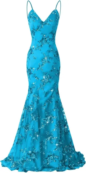 Sequin Applique Mermaid Prom Dresses Spaghetti Straps Tulle Ball Gown V Neck Formal Evening Party Gowns