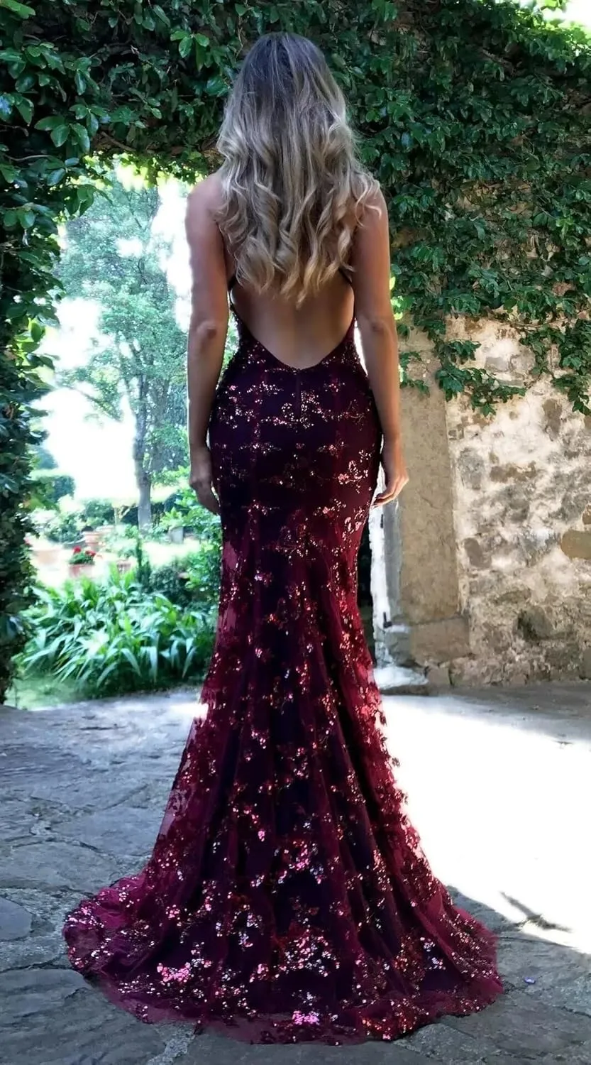 Sequin Applique Mermaid Prom Dresses Spaghetti Straps Tulle Ball Gown V Neck Formal Evening Party Gowns