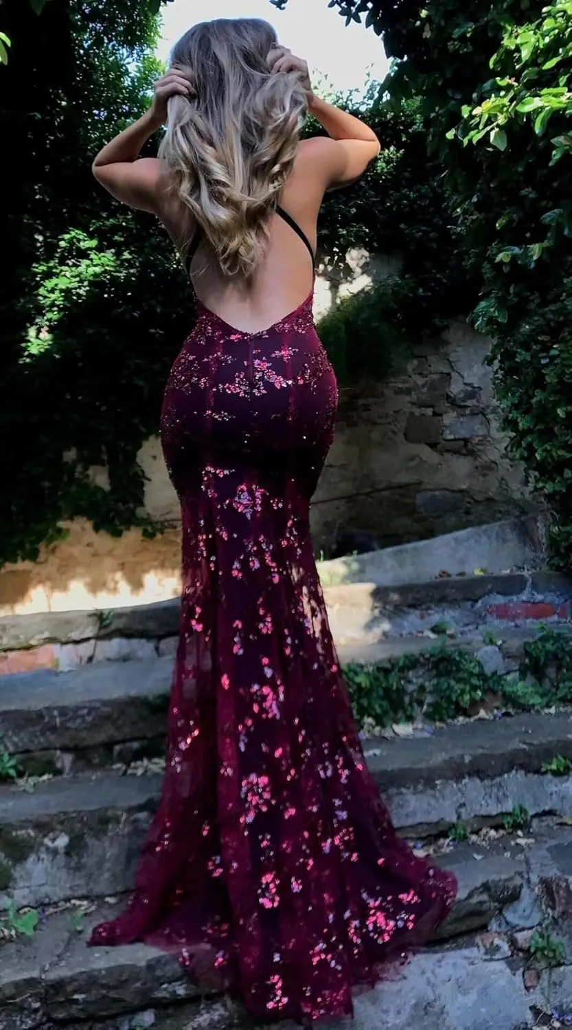 Sequin Applique Mermaid Prom Dresses Spaghetti Straps Tulle Ball Gown V Neck Formal Evening Party Gowns