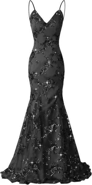 Sequin Applique Mermaid Prom Dresses Spaghetti Straps Tulle Ball Gown V Neck Formal Evening Party Gowns