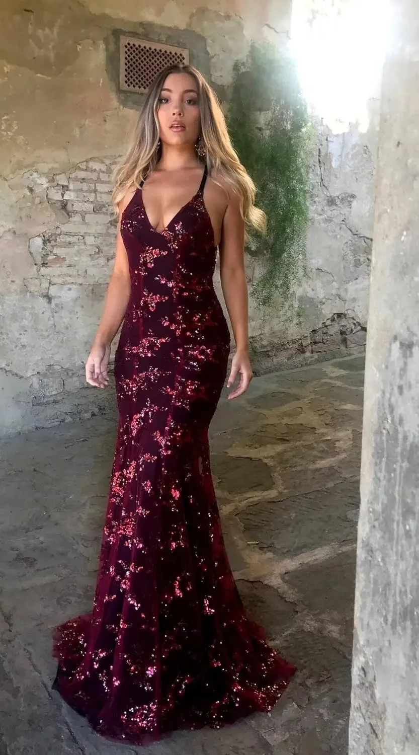 Sequin Applique Mermaid Prom Dresses Spaghetti Straps Tulle Ball Gown V Neck Formal Evening Party Gowns