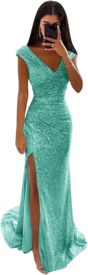 Sequin Long Prom Dresses for Women 2025 Mermaid Sparkly Ruched Formal Evening Gown with Slit