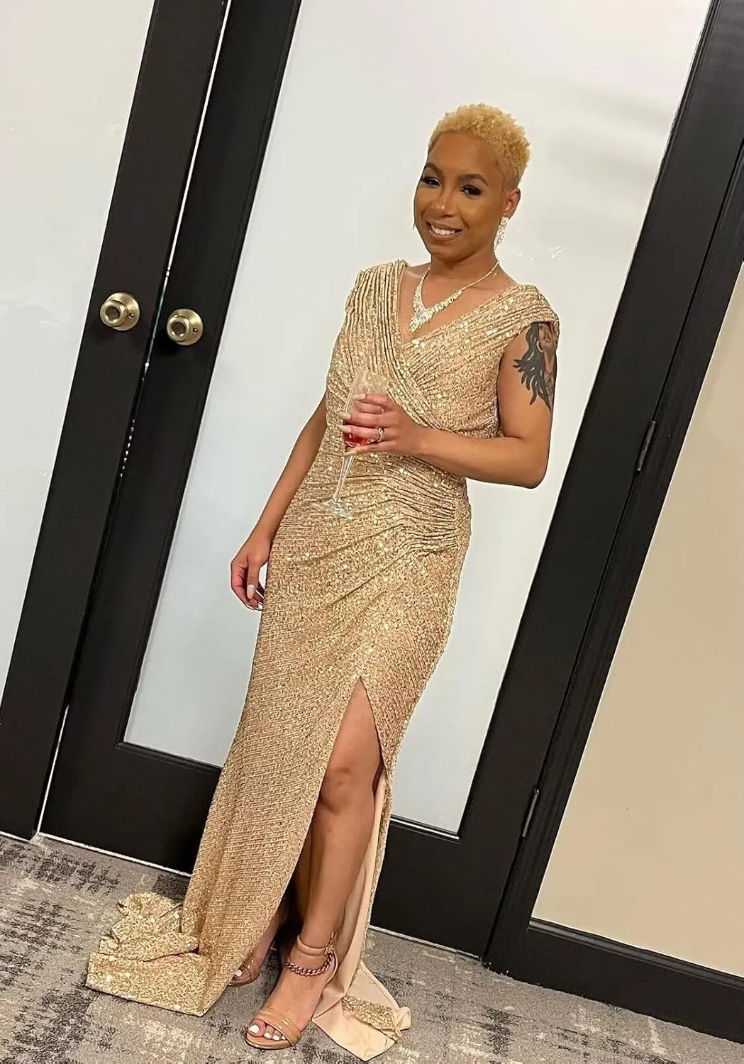 Sequin Long Prom Dresses for Women 2025 Mermaid Sparkly Ruched Formal Evening Gown with Slit