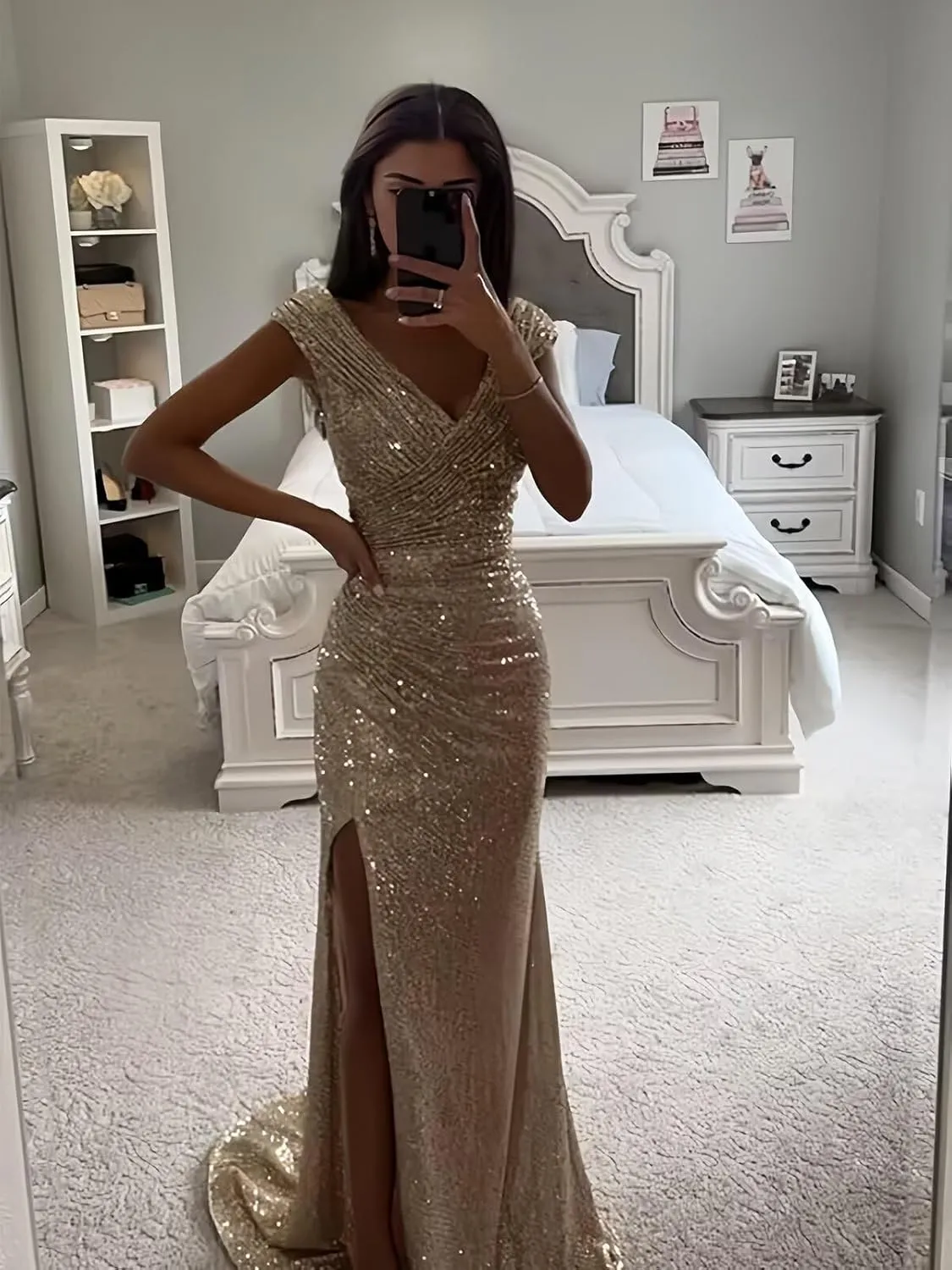 Sequin Long Prom Dresses for Women 2025 Mermaid Sparkly Ruched Formal Evening Gown with Slit
