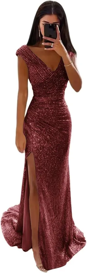 Sequin Long Prom Dresses for Women 2025 Mermaid Sparkly Ruched Formal Evening Gown with Slit