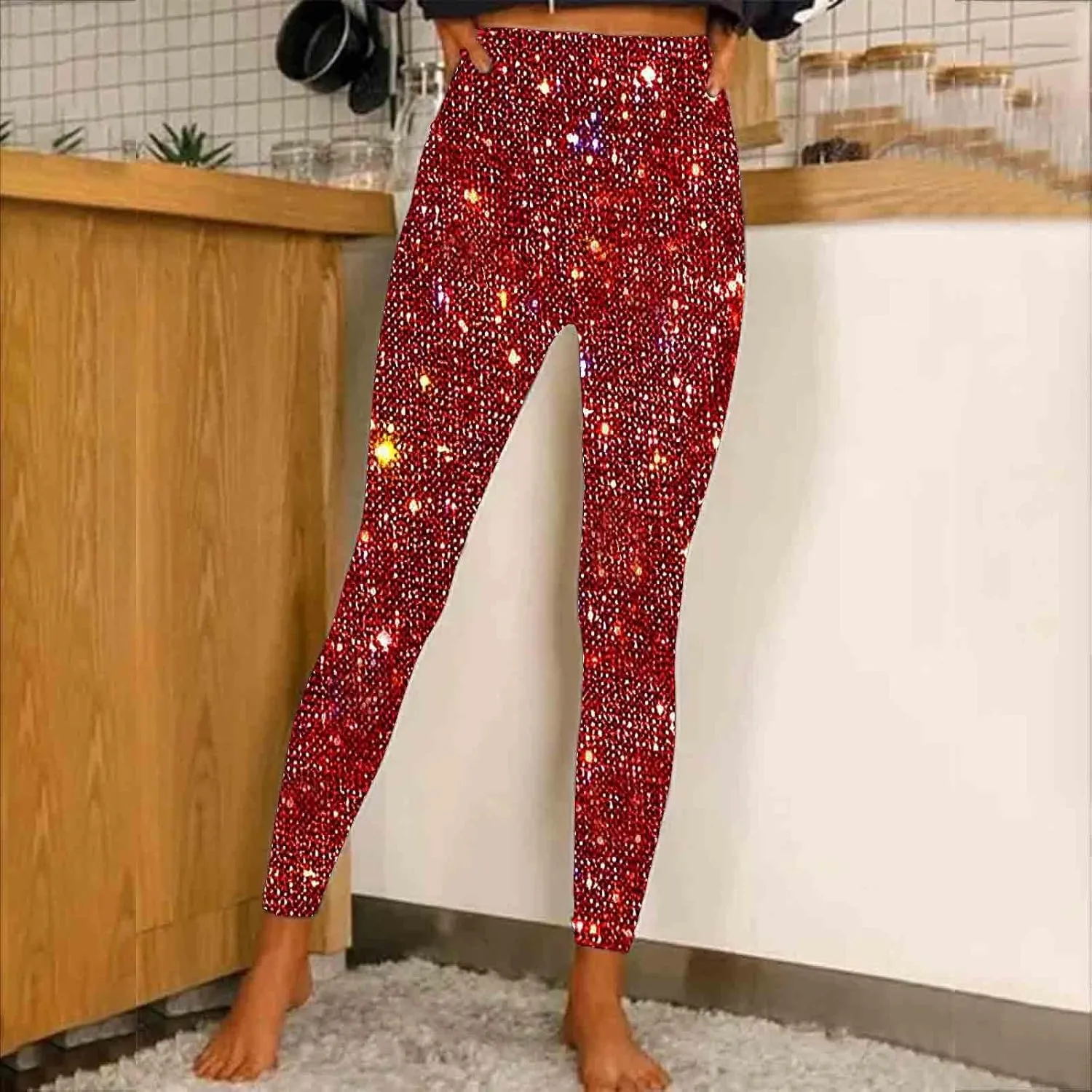 Sequin Pants for Women Fashion Y2K Yoga Workout Leggings Stretch High Waisted Elastic Streetwear Cozy Lounge Pants