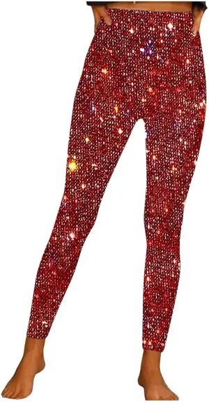 Sequin Pants for Women Fashion Y2K Yoga Workout Leggings Stretch High Waisted Elastic Streetwear Cozy Lounge Pants
