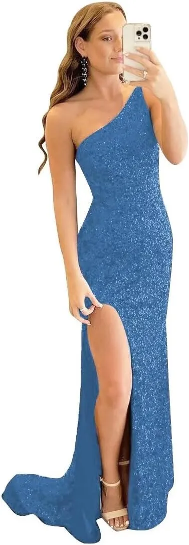 Sequin Prom Dresses Long Mermaid One Shoulder Formal Gowns Backless Evening Party Gowns with Slit