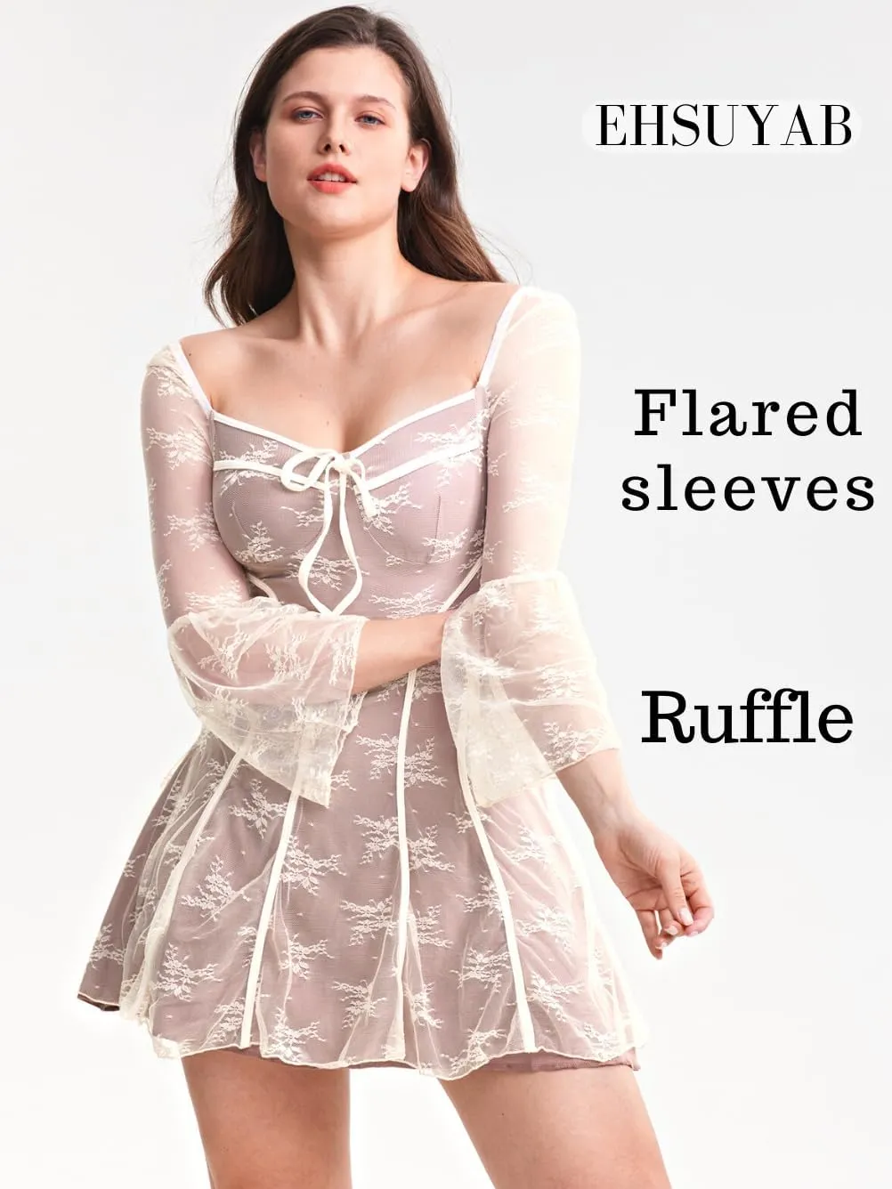 Sexy A Line Dress, Long Flared Sleeve, Mini Lace Dresses Vacation