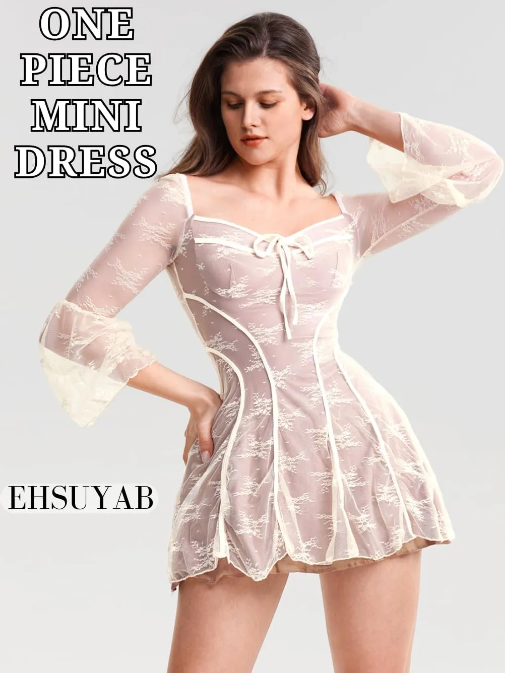 Sexy A Line Dress, Long Flared Sleeve, Mini Lace Dresses Vacation